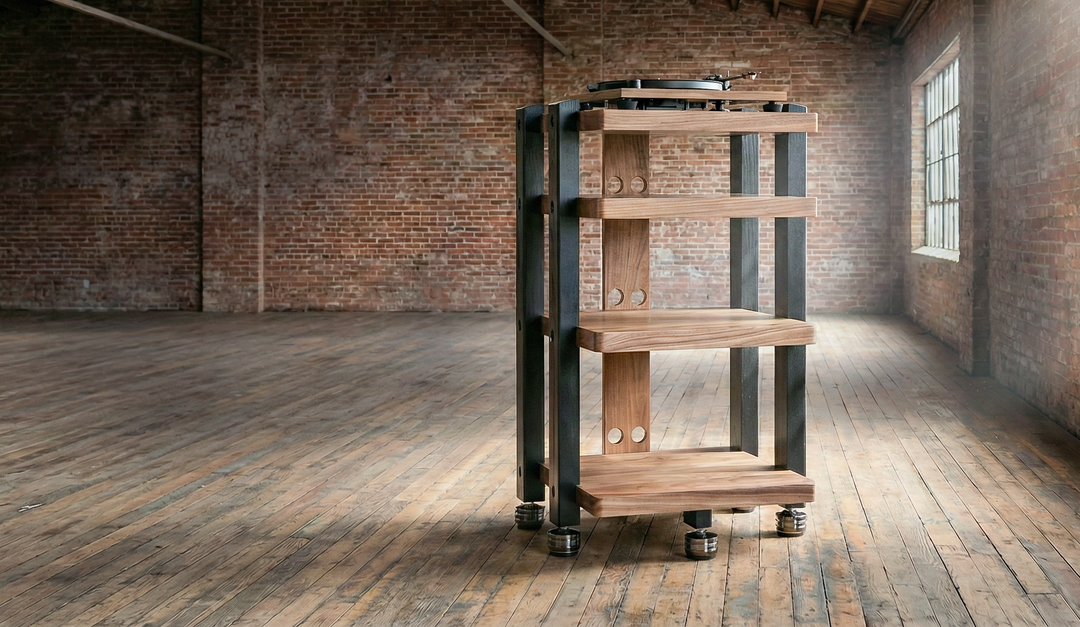 ECHELON HD Audio Rack in Walnut and Black Ash with IsoAcoustic GAIA-TITAN Feet